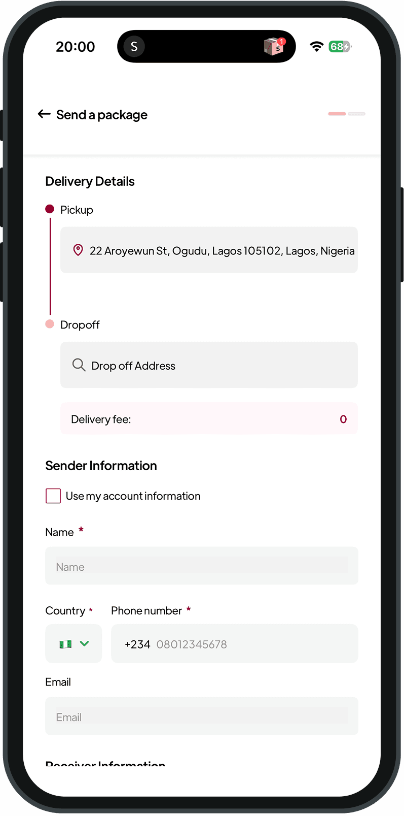 Relay app – send a package screen